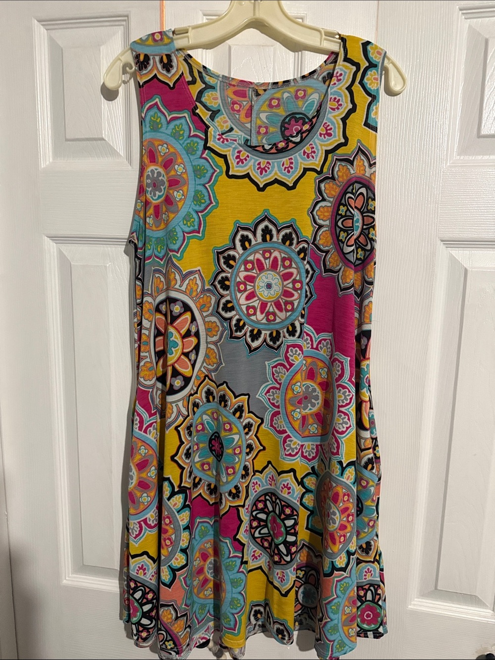 Bright Multi-Color Sleeveless Medallion Print Dress with pockets